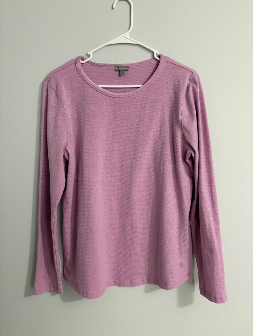 T By Talbots TShirt Large Silver Metallic Striped Long Sleeve Crew Neck Pink